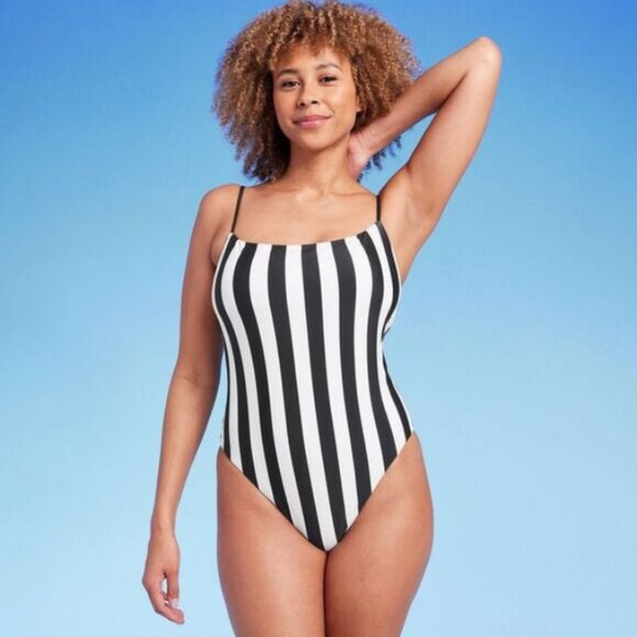 Square Neck High Leg Cheeky One Piece Swimsuit - Shade & Shore Black Striped M - Picture 1 of 4